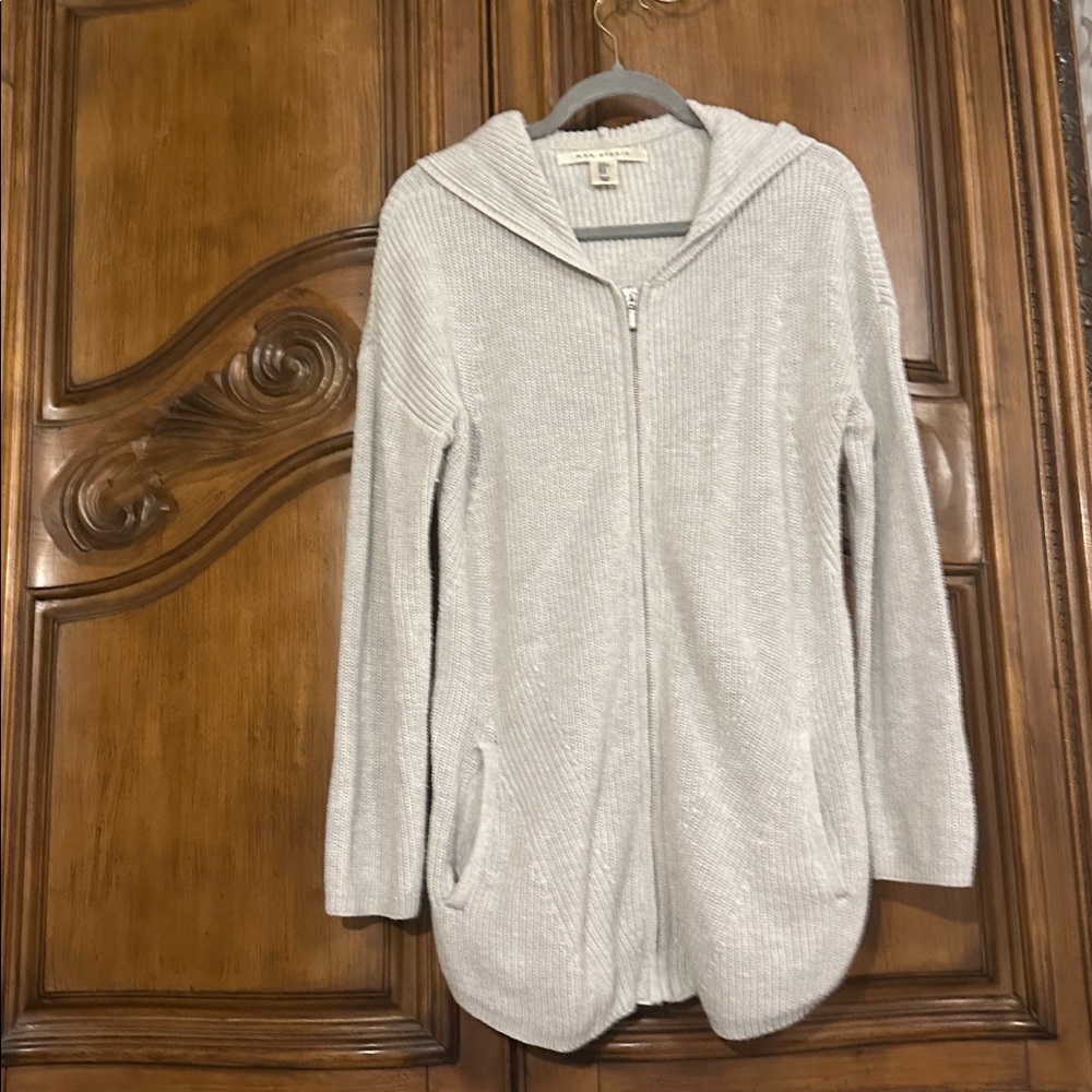 Max Studio Hooded Long Sleeve Ribbed Knit Zip up Cardigan Sweater W/ pockets M